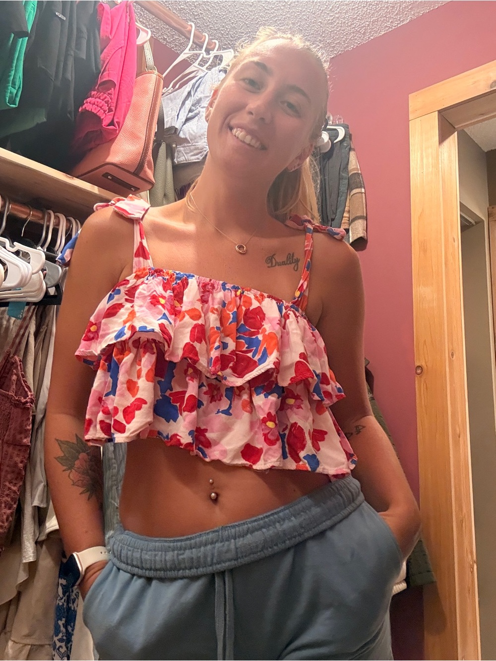 vestique Floral Ruffle Tie-Shoulder Crop Top - Pink, Red, Blue